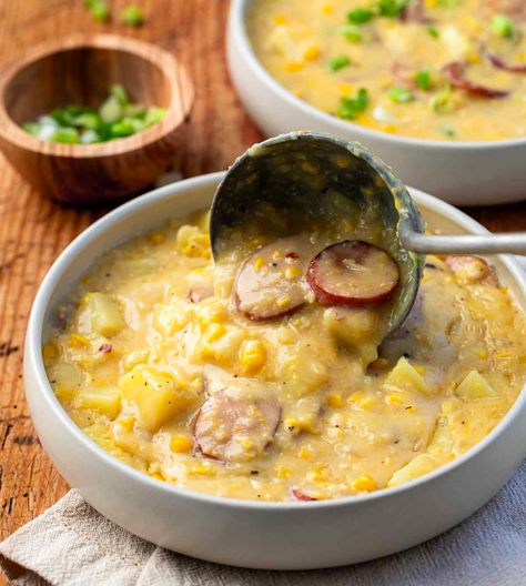 Corn And Sausage Soup, Andouille Soup, Andouille Sausage Soup, Smoked Sausage Corn Chowder, Spicy Sausage Corn Chowder Recipe, Slow Cooker Sausage Corn Chowder, Sausage And Corn Chowder, Creamy Corn Chowder Recipe, Creamy Corn Chowder