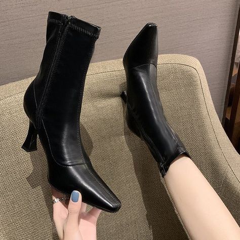 Product Title :Pointy-Toe Plain Stiletto Heel Short BootsProduct Measurements cm Size Foot Length Heel Height 34 22 8 35 22.5 8 36 23 8 37 23.5 8 38 24 8 39 24.5 8 34 8.7 3.1 35 8.9 3.1 36 9.1 3.1 37 9.3 3.1 38 9.4 3.1 39 9.6 3.1 Product Details Material: PU, Rubber Color: Normal Edition - Black Black Boots With Heels, Chic Pointed Toe Knee-high Boots With Medium Width, Pointed Toe Boots With Heel Strap, Medium Width, Black Polyurethane Knee-high Boots With Pointed Toe, Black Knee-high Boots With Pointed Toe In Medium Width, Black Pointed Toe Boots With 4-inch Heel, Gothic Punk Fashion, Pu Boots, Pointy Heels