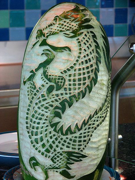 Watermelon Carving ~ dragon Dragon Watermelon, Flamingo Watermelon Carving, Watermelon Teapot Carving, Watermelon Whale Carving, Watermelon Elephant Carving How To, Veggie Art, Watermelon Art, Fruit And Vegetable Carving, Watermelon Carving