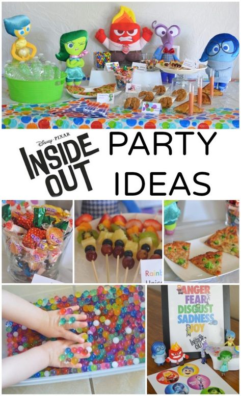 Disney PIXAR Inside Out Party Ideas!! So fun! Inside Out 2 Snack Ideas, Sensory Themed Birthday Party, Inside Out Party Theme, Inside Out Movie Night Food, Inside Out Party Food, Inside Out Themed Food, Inside Out Food Ideas, Inside Out Birthday Party Ideas, Inside Out Movie Night