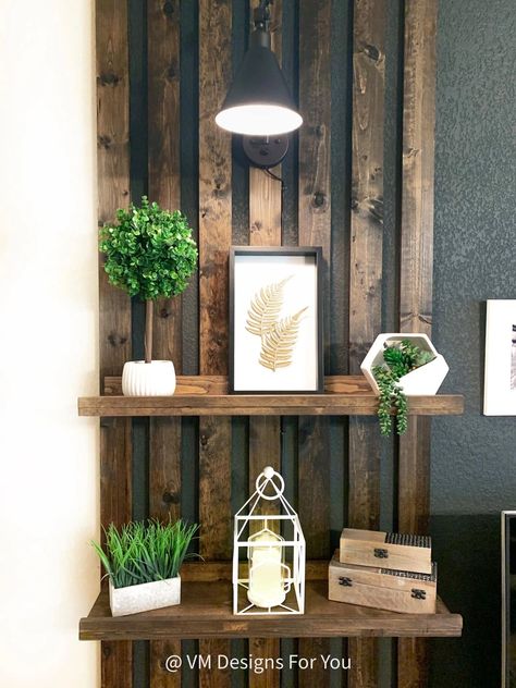 Moody & Modern Farmhouse Inspired Living Room Black And Wood Living Room Ideas, Diy Wall Shelves Living Room, Tv Wall Design Farmhouse, Masculine Accent Wall, Rustic Chic Bedroom Ideas, Black And Wood Living Room, Moody Farmhouse Living Room, Moody Modern Farmhouse, Dark Accent Wall Living Room