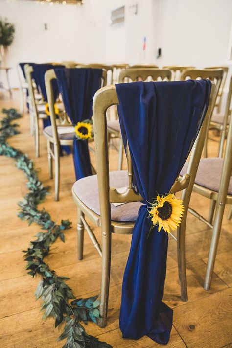 Sunflower Chair Decor Wedding, Navy Blue And Sunflower Wedding Theme, Royal Blue Sunflower Wedding, Sunflower Wedding Aisle, Sunflower And Blue Wedding, Sunflower Wedding Ceremony, Navy Sunflower Wedding, Chair Decoration Ideas, Blue Sunflower Wedding