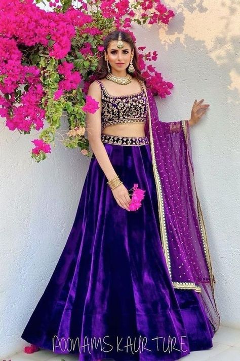 One of the shades that managed to catch millennial brides' attention is purple. Take a look at these purple lehenga images and you might change your wardrobe. Indian Fashion Lehenga, Poonams Kaurture, Embroidery On Velvet, Change Your Wardrobe, Fashion Lehenga, Lehenga Images, Purple Lehenga, Bridal Lehenga Designs, Backless Blouse Designs