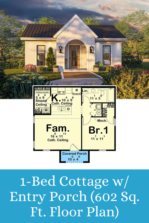 Discover charm and efficiency in this 1-bedroom ADU cottage, featuring a thoughtfully designed 602 sq. ft. floor plan. Enjoy a welcoming entry porch for outdoor relaxation and an open-concept living space that maximizes comfort and functionality. Perfect as a guest house, rental, or stylish downsized living option with modern appeal. Adu Cottage, Entry Porch, Cottage Style House Plans, Covered Porch, Style House, Open Concept, One Bedroom, Cottage Style, House Rental