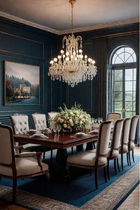 Stylish and modern dining room with statement chandelier Moody Blue Dining Room, Mughal Interior, 1800s Interior, English Country Dining Room, Navy Dining Room, Victorian Dining Room, Havenly Dining Room, Dining Room Teal, Blue Dining Room