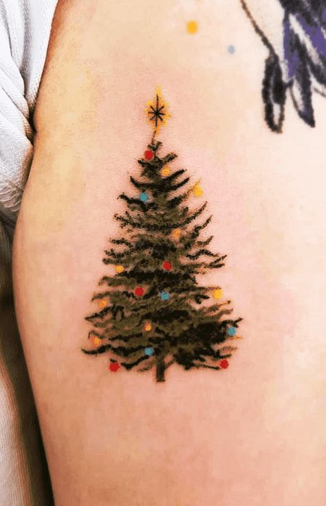 Xmas Tree Tattoo, Christmas Wreath Tattoo, Christmas Flower Tattoo, Gingerbread Tattoo, Christmas Tree Tattoo, Christmas Tattoo Ideas, Manly Tattoos, Holiday Tattoos, Christmas Tattoos