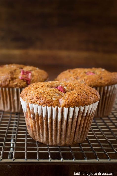 Gluten Free Rhubarb Muffins - Faithfully Gluten Free Rhubarb Muffins Gluten Free, Gluten Free Rhubarb Crisp, Gluten Free Rhubarb, Morning Glory Muffins Recipe, Rhubarb Cookies, Rhubarb Muffins, Morning Glory Muffins, Gf Breakfast, Rhubarb Crisp