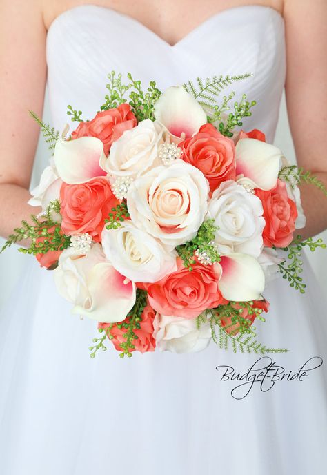 Click to open gallery Sangria Wedding, Small Bridesmaid Bouquets, Coral Wedding Colors, Coral Wedding Flowers, Peach Wedding Flowers, Budget Bride, Brides Bouquet, Wedding Flowers Summer, Coral Wedding