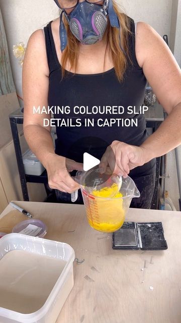 NTM [Naomi Burnham]Ceramic Artist on Instagram: "This is how you make coloured slip. Slip is liquid clay or porcelain (I’m using porcelain). It can be used for decorating your work or for Slipcasting among other things and it can be mixed with mason stains or oxides to add colour. Mason stains can be extremely expensive and you need quite a lot of it to colour the clay. It’s good practice to weigh out the quantities so you’ll know that you’ve added enough and so you’ll be able to replicate the coloured slip accurately. Darker colours like blue and black generally need a lower percentage of mason stain to slip. Of course, it depends on how deep a shade you want. I add between 4-7% blue mason stain to slip to achieve different intensities of colour. Paler colours like yellow and pink will ne Mason Stains, Stick Blender, Paint Mixer, Liquid Clay, Pale Colors, Yellow And Pink, Ceramic Studio, Dust Mask, Pottery Making