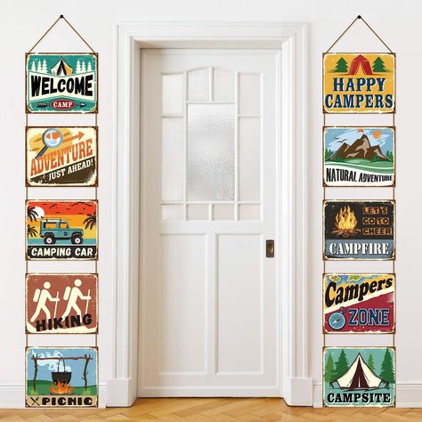 PRICES MAY VARY. Paper Packing includes: 10 pieces camping sign cutouts, the size of each card is 11.81 x 9.84 inch/ 30 x 25 cm, 2 ropes which the length of each is 13 ft/ 4 m, 40 pieces non-trace glue point; Each cardboard features icons for welcome, hiking, happy campers, picnic, campfire, campsite and car Wide application: the camping party decorations are suitable for all camping theme party with the vibrant color and chic design, can be hung to use like camping banner, stick it to the wall Camping Themed Party Decorations, Camping Banner, Camping Party Decorations, Camping Cards, Camping Classroom, Camping Theme Classroom, Camping Theme Party, Camping Birthday Party, Paper Cutouts