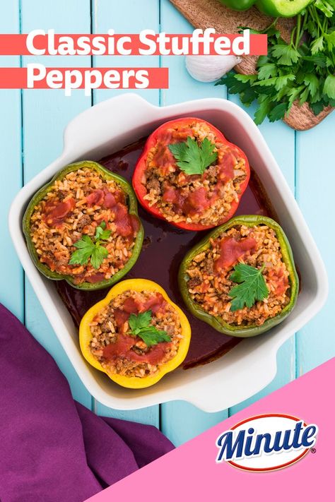 stuffed peppers recipe with white rice and beef Stuffed Bell Peppers Instant Rice, Minute Rice Stuffed Bell Peppers, Minute Rice Stuffed Peppers, Stuffed Peppers With Minute Rice, Stuffed Bell Peppers With Minute Rice, Stuffed Bell Peppers Ground Beef, Minute Rice Recipes, Classic Stuffed Peppers, Healthy Food Recipies