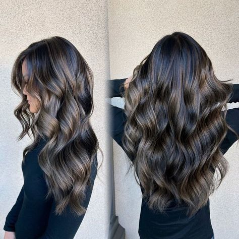 Kacie Nguyen on Instagram: "Ashy espresso ☕️ Babylights & haircut for @shihwanders Used all @schwarzkopfusa Styled with @oribe #sunkissedsalon#hairbykacie#babylights#highlights#goodhair#espressohaircolor#espressohighlights#bayareahsirstylist#haireducation#hairinspo#sanjosehairstylist" Dark Hair Babylights, Types Of Hair Highlights, Blonde Sombre, Babylights Highlights, Dark Chocolate Brown Hair, Blonde Balayage Highlights, Ash Blonde Highlights, Hair Adviser, Curly Hair Photos