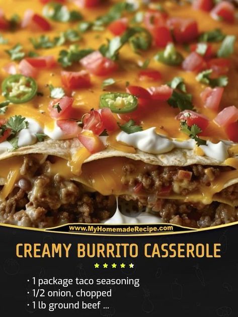 (20+) My Home Made Recipe | Creamy Burrito Casserole | Facebook Burrito Bake, Creamy Burrito Casserole, Beef Burrito Recipe, Beef Burrito, Burrito Casserole, Burrito Recipe, Burritos Recipe, Flour Tortillas, Mexican Recipes