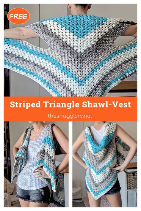 Striped Triangle Shawl-Vest Free Crochet Pattern Crochet Cable Shawl Free Pattern, Shawl Wearing Style, Triangle Shawl Crochet Pattern Free, Crochet Kimono Pattern, Crochet Triangle Shawl Pattern, Crochet Granny Stitch, Crochet Snood, Vest Pattern Free, Crochet Kimono