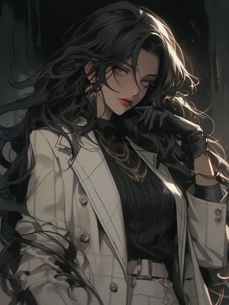 Female Mafia Boss Anime, Female Mafia Art, Childe Genshin, Anime Long Hair, Female Detective, Tomboy Art, Character Design Girl, Anime Black Hair, Female Character Concept