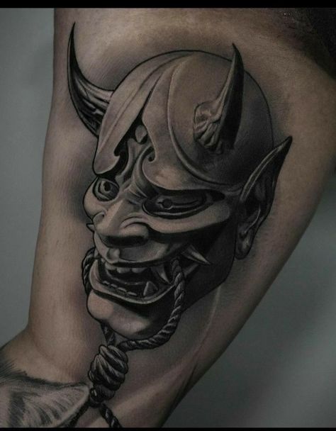 Hanya Mask Tattoo Design Black And Grey, Hanya Mask Tattoo Traditional, Samurai Face Tattoo, Hanya Mask Tattoo Design, Oni Mask Tattoo Design Ideas, Hannya Mask Tattoo Design, Mascara Hannya, Hanya Mask Tattoo, Japanese Skull