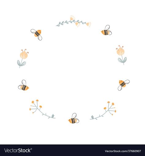 Cute Bee Design, Bee Illustration Cute, Flowers Logo Design, Frames Illustration, Bee Frame, Honey Illustration, Honey And Bee, Farm Cartoon, Flowers Logo