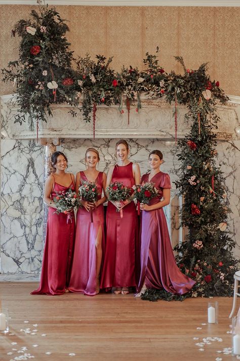 We love these cranberry bridesmaid dresses | Image by Imogen Eve Photography Raspberry Bridesmaid Dress, Berry Colored Bridesmaid Dresses, Pomegranate Bridesmaid Dresses, Deep Pink Bridesmaid Dresses, Pink And Red Bridesmaid Dresses, Red And Pink Bridesmaid Dresses, Christmas Bridesmaid Dresses, Cranberry Wedding Colors, Berry Bridesmaid Dresses