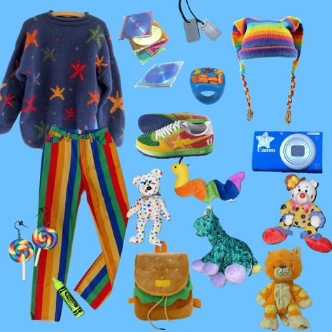 Masc Kidcore, Silly Outfit Ideas, Weird Core Outfit Ideas, Nostalgia Core Outfits, Kidcore Fashion Men, Arcadecore Outfits, Artcore Outfit, Casual Clowncore, Cluttercore Outfit