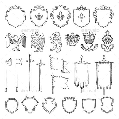 Medieval Heraldic Symbols Isolate on White Medieval Symbols Design, Medieval Emblem, Royal Symbols, Heraldry Symbols, Medieval Alphabet, Medieval Drawing, Medieval Symbols, Family Crest Symbols, Heraldic Symbols