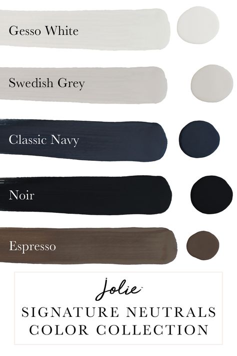 Our Signature Neutrals include five classic colors that are staples in any home: Gesso White, Swedish Grey, Noir, Classic Navy, and Espresso.  These five are also likely your fashion favorites – colors that you are comfortable with and want to use over and over again. Our Signature Neutrals can be paired with virtually any color in the Jolie color range.  #colorcollection #joliepaint #nopreppaint #furniturepaint #neutralpaintcolors #colorpalette #colorinspo #colorinspiration paintedfurniture Black Cream Blue Color Scheme, Black White Grey Blue Color Scheme, Navy Grey Color Palette, Gray And Black Color Schemes, Black White Taupe Color Scheme, Black And White Color Palette For Home, Espresso Color Palette, Noir Color Palette, Color Pallets For The Home