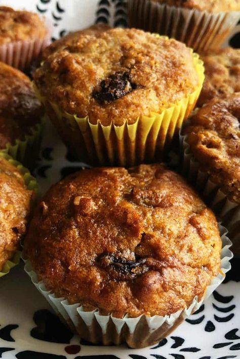 Raisin Bran Muffins, the best bran muffin recipe! The buttermilk batter can remain in the refrigerator for up to 6 weeks. #branmuffins 6 Week Raisin Bran Muffin Recipe, 6 Muffin Recipe, Bran Muffin Recipe With Buttermilk, 6 Week Bran Muffin Recipe, Rasin Bran Muffins, Raisin Bran Cereal Muffins, Bran Flake Muffins, Bran Cereal Muffins, Buttermilk Bran Muffins