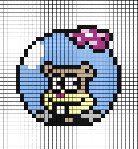 A pixel art template of Sandy Cheeks the squirrel from Sponge-Bob Square-Pants. This is of her face with her helmet on.

Usually her flower is on the left as shown in the films and programmes. All you need to do is keep her actual face in proportion (as it is). Then switch the flower to the left side and the white reflection to the right. Don't forget to also copy the black outline. Sponge Bob Pixel Art, Spongebob Perler Bead Patterns, Pixel Spongebob, Spongebob Perler Beads, Spongebob Pixel Art, Face Pixel Art, Sandy Cheeks, Easy Pixel Art, Pixel Drawing