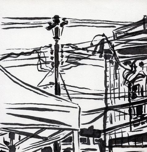 I drew this urban landscape with a pentel pocket brush pen in my sketchbook. The drawing depicts power lines and a corner building in downtown Hackettstown, NJ. This sketch features heavy, dark shapes and line weight to indicate depth. This listing is for my original ink painting drawing "Hackettstown". It measures approximately 4.5 inches x 4.5 inches (11.43 cm x 11.43 cm). This listing is for the original art shown. It was created using only the highest quality, archival materials. This original drawing comes straight from my sketchbook. It is one of a kind. No prints will be made of this images. Urban Sketching Pen, Pentel Pocket Brush Pen, Corner Building, Brush Drawing, Power Lines, Illustration Pen And Ink, Pen Ink Drawings, Ink Drawing Illustration, Black And White Drawing