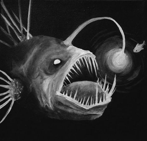 Scary Sea Creatures Art, Angler Fish Reference, Deep Sea Monsters Art, Fish With Light On Head, Scary Sea Animals, Ocean Fish Photography, Angler Fish Painting, Cool Fish Drawing, Deep Sea Fish Drawing