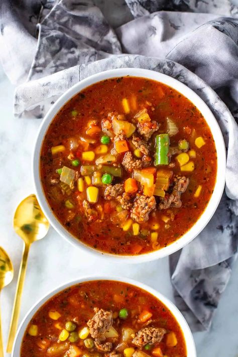 This Easy Instant Pot Hamburger Soup is a quick and hearty weeknight dinner idea. It's so comforting with ground beef and mixed vegetables. Instapot Hamburger Stew, Instant Pot Hamburger Soup With Barley, Instant Pot Ground Beef Soup Recipes, Vegetable Soup Ground Beef, Hamburger Soup Instant Pot, Hamburger Barley Soup, Instant Pot Hamburger Soup, Homemade Italian Seasoning, Hamburger Stew