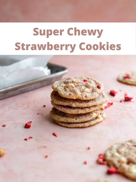 These strawberry cookies are super chewy and buttery! They are made with freeze dried strawberries and taste like strawberry shortcake! You dont need a box mix here, these are so easy to make by hand! #strawberrycookies #strawberryrecipes #easycookierecipes Freeze Dried Fruit Cookies, Freeze Dried Strawberries Uses, Recipes With Freeze Dried Strawberries, Freeze Dried Strawberry Cookies, Dried Strawberries Recipe, Freeze Dried Strawberry Recipes, Heavenly Cookies, Strawberry Cookies Recipe, Strawberry Cookie Recipe