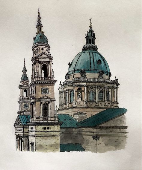 Budapest, Basilica, sketch, painting, watercolor, ink Famous Architectural Buildings Sketches, Budapest Watercolor, Building Structure Sketch, Old Architecture Sketch, Budapest Sketch, Budapest Painting, Watercolor Buildings Architecture, Buildings Watercolor, Building Watercolor