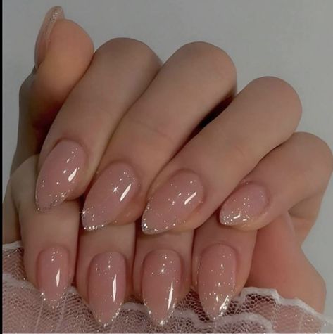 Korean Nails Inspo Aesthetic, Nude Glitter Tip Nails, French Shimmer Nails, Shimmer French Tip Nails, Ombre Sparkle Nails, Deb Nails, Glittery French Tip Nails, Nude Sparkly Nails, Shimmer Nails