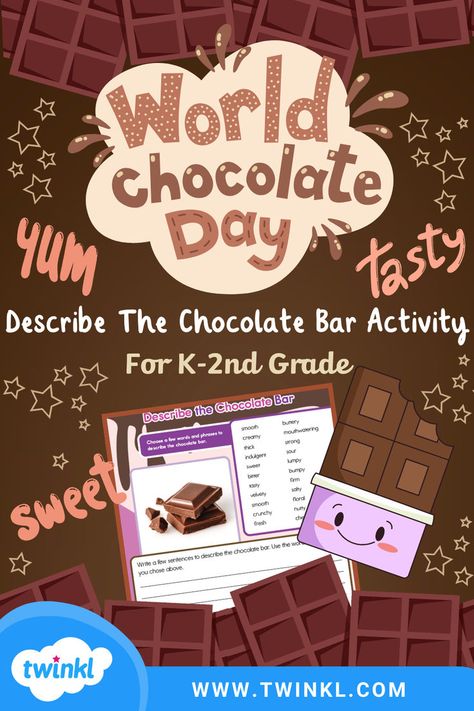 Describe The Chocolate Bar Activity For K-2nd Grade World Chocolate Day, New Years Traditions, Chocolate Day, Descriptive Writing, 100 Days Of School, Holiday Celebration, Chocolate Bar, Christmas Cheer, 2nd Grade