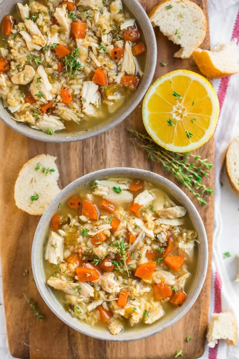 Crock Pot Chicken and Rice Soup. Made with brown rice, fresh vegetables, chicken broth, and lemon, this healthy crockpot soup is easy to make, hearty, and filling! #wellplated #slowcooker #crockpot #soup Healthy Crockpot Soup, Soup Crock Pot, Panini Recipes Chicken, Crockpot Chicken Healthy, Easy Chicken And Rice, Rice Soup Recipes, Clean Eating Chicken, Chicken Rice Soup, Easy Crockpot Chicken