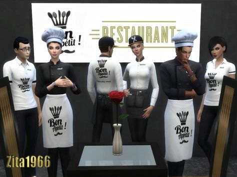 Maxis Match Recolor  Found in TSR Category 'Sims 4 Sets' Sims 4 Sets, Waiter Outfit, Sims 4 Restaurant, Cafe Uniform, Waitress Outfit, Restaurant Uniforms, Chef Shirts, Chef Uniform, Chef Clothes