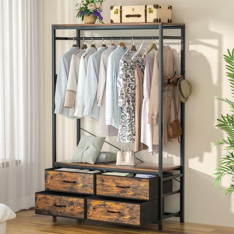 PRICES MAY VARY. Large Capacity Freestanding Clothes Rack with Drawers:The size of Vilaxing clothing rack heavy duty is 39.37" D x 15.75" W x 72.05" H. this garment rack with drawer integrates display and storage functions. Its unique tall design enables easy hanging of dresses, coats, and shirts. The 4 drawers underneath can be used to store pants, socks, underwear, and shirts. The top shelf can be utilized for storing boxes, helping to maintain a tidy and organized room Sturdy and Long-lasting Clothes Storage On Shelf, Clothes Rack Under Shelf, Clothes Hanging Rack Store, Wardrobe Shelving Storage, Small Room Clothes Storage Walmart, Studio Apartment Wardrobe Storage, Mini Closet Storage, Closet Small Bedroom Storage, No Closet Solutions Storage