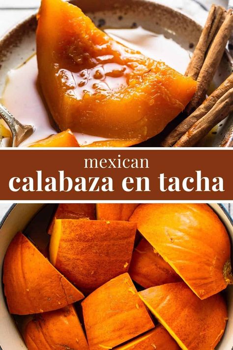 Calabaza en Tacha, or Mexican candied pumpkin, is a traditional Mexican dessert made from pumpkin, piloncillo, cinnamon, cloves, and orange zest. This sweet and comforting dish features tender pumpkin served in a thick and luscious syrup ideal for enjoying in colder temperatures. Pumpkin With Piloncillo, Pumpkin Mexican Recipes, Candied Pumpkin Mexican, Mexican Calabaza Recipes, Mexican Candied Pumpkin, Mexican Pumpkin Soup, Mexican Pumpkin Recipes, Calabasas Recipe Mexican, Mexican Pumpkin Candy Recipe