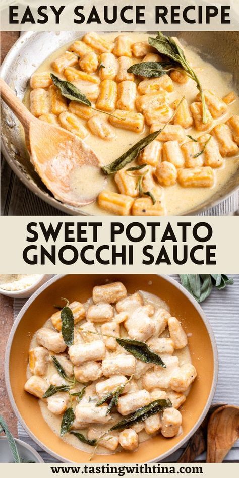 Sweet Potato Gnocchi Sauce, Potato Gnocchi Sauce, White Sweet Potato Recipe, Slow Cooker Pumpkin Soup, Sweet Potato Sauce, Gnocchi Sauce, Gnocchi Recipes Homemade, Sweet Potato Pasta, Easy Sauce Recipe