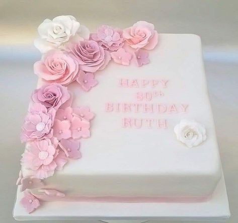 Pink 80th Birthday Cake, Pink Square Cake Birthday, Flower Birthday Cake Square, Square 60th Birthday Cake, Square Birthday Cakes For Women, Square Flower Cake, 80th Birthday Cakes For Women, Birthday Cake Square, Square Birthday Cake