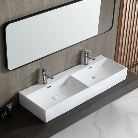 Eridanus White Ceramic Rectangular Trough Bathroom Sink with Overflow Trough Sink Bathroom Double, Trough Sink Bathroom, Rectangular Sink Bathroom, Basin White, Trough Sink, Vessel Bathroom Sink, Double Basin, Wall Mounted Bathroom Sink, Kitchen Sale