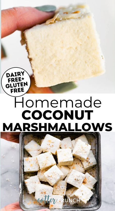 These Homemade Coconut Marshmallows are nut free, dairy free, and contain no corn syrup for an allergy friendly take on a summertime classic. Make this easy marshmallow recipe all summer for the perfect s’mores! Additional flavor options included. Natural Marshmallow Recipe, Coconut Marshmallow Recipe, Heavenly Dessert Recipe, Healthy Marshmallows, Clean Eating Dessert Recipes, Healthy Gut Recipes, Allergy Friendly Desserts, Vegetarian Meals For Kids, Flavored Marshmallows