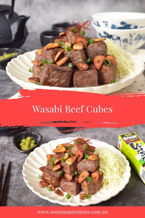 Tender diced wagyu beef marinated with soy and wasabi paste, and cooked in garlic infused oil topped with crispy garlic chips. This Wasabi Beef Cubes dish will definitely wow your taste-buds, and is an easy recipe to put together. Recipe by Asian Inspirations. Wagyu Cubes Recipe, Garlic Infused Oil, Wasabi Recipes, Chicken Rice Noodles, Beef Cubes, Green Curry Chicken, Rice Noodle Recipes, Garlic Chips, Crispy Garlic