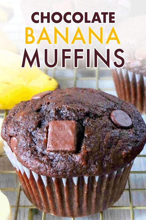 Double Chocolate Banana Muffins with chocolate chips are tender and soft, with big banana flavor! Rich and fudgy, this is the best use for a chocolate lovers' overripe bananas yet! These chocolate muffins promise big banana flavor with a soft and tender crumb. It’s an easy breakfast treat perfect for busy mornings, kid breakfast ideas, and those mornings where you just want to get in the kitchen and bake from scratch! Moist Chocolate Muffins, Double Chocolate Banana Muffins, Kid Breakfast, Chocolate Banana Muffins Recipe, Easy Breakfast Treats, Big Banana, Friends Recipes, Chocolate Banana Muffins, Banana Muffin Recipe