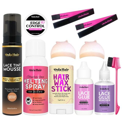 PRICES MAY VARY. Dolahair wig kit for lace front wigs complete set includes: 1x medium brown lace tint mousse, 1x lace melting spray, 1x wig glue, 1x glue remover, 1x30g hair wax stick, 1x 30g edge control, 1xedge brush, 2xHD wig caps, 2x lace melting bands Tint your lace & define your baby hairs: You’ll never have to apply makeup to your lace ever again! Dolahair Hide Out Lace Tint Mousse makes it easy to achieve a natural-looking install by making it look as if your lace wig is growing out of Lace Front Wig Tools, Wig Essentials, The Best Edge Control, Wig Kit, Best Edge Control, Wig Installation, Lace Glue, Hair Wax Stick, Wig Glue