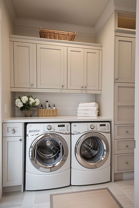 Small Laundry Room Design Ideas: Style Meets Functionality - Quiet Minimal Small Laundry Room With Pantry, Laundry Room Design With Pedestals, Modern Contemporary Laundry Room, Hall Closet Laundry Room Ideas, Laundry Room Makeover Small, Small Laundry Room Design Ideas, Small Laundry Room Design, Contemporary Laundry Room, Laundry Room Design Ideas