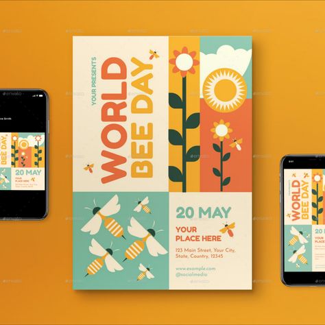 Beige Flat Design World Bee Day Flyer Set Bee Graphic Design, World Bee Day, Bee Day, Beige Flats, Graphic Design Flyer, Geometric Graphic, Environmental Graphics, Save The Bees, Flat Design