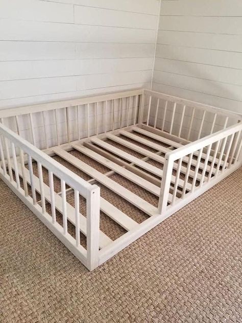 Diy Floor Bed Frame, Diy Floor Bed, Floor Bed With Rails, Raised Bed Frame, Bed Frame Twin, Diy Toddler Bed, Montessori Floor Bed, Bedroom Boy, Toddler Floor Bed