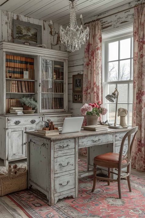 17 Chic Office Decor Ideas That Will Make You Love Working From Home Industrial French Country, French Country Home Office Ideas, Shabby Chic Home Office, French Country Office Ideas, Vintage Office Decor Ideas, Cottage Office Ideas, French Country Home Office, French Style Office, Ranch Office