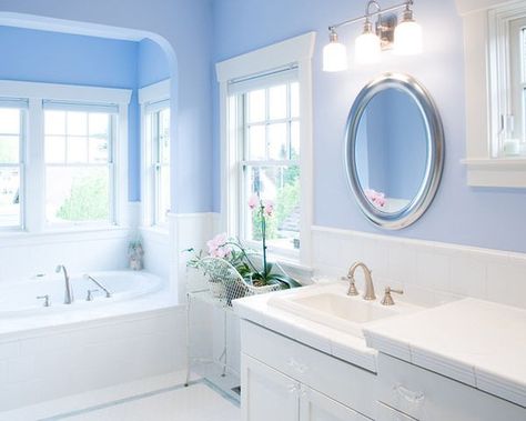 luxurious & feminine blue bathroom with white & silver accents & orchid flowers... Trending in Bathroom Design: Blue Bathroom Inspiration from Bathroom Bliss by Rotator Rod Small Bathroom Ideas Light Blue, Periwinkle Bathroom Ideas, Pastel Blue Bathroom, Periwinkle Bathroom, Bright Bathroom Paint Colors, Blue Bathroom Paint, Zen Bathrooms, Blue Bathroom Interior, Rich Bathroom